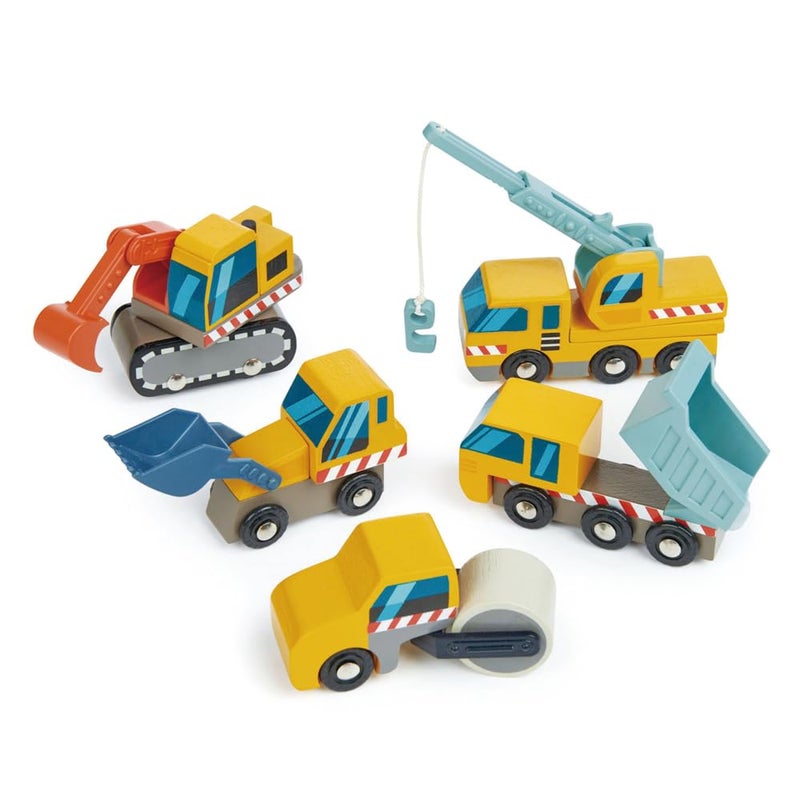 Tender Leaf Toys - Construction Site - Four Heavy Vehicles with Crane Truck, Road Roller, Dump Truck and Front Loader - Build Your Own Construction Site and Develops Fine Motor Skills for Children 3+ - Image 1